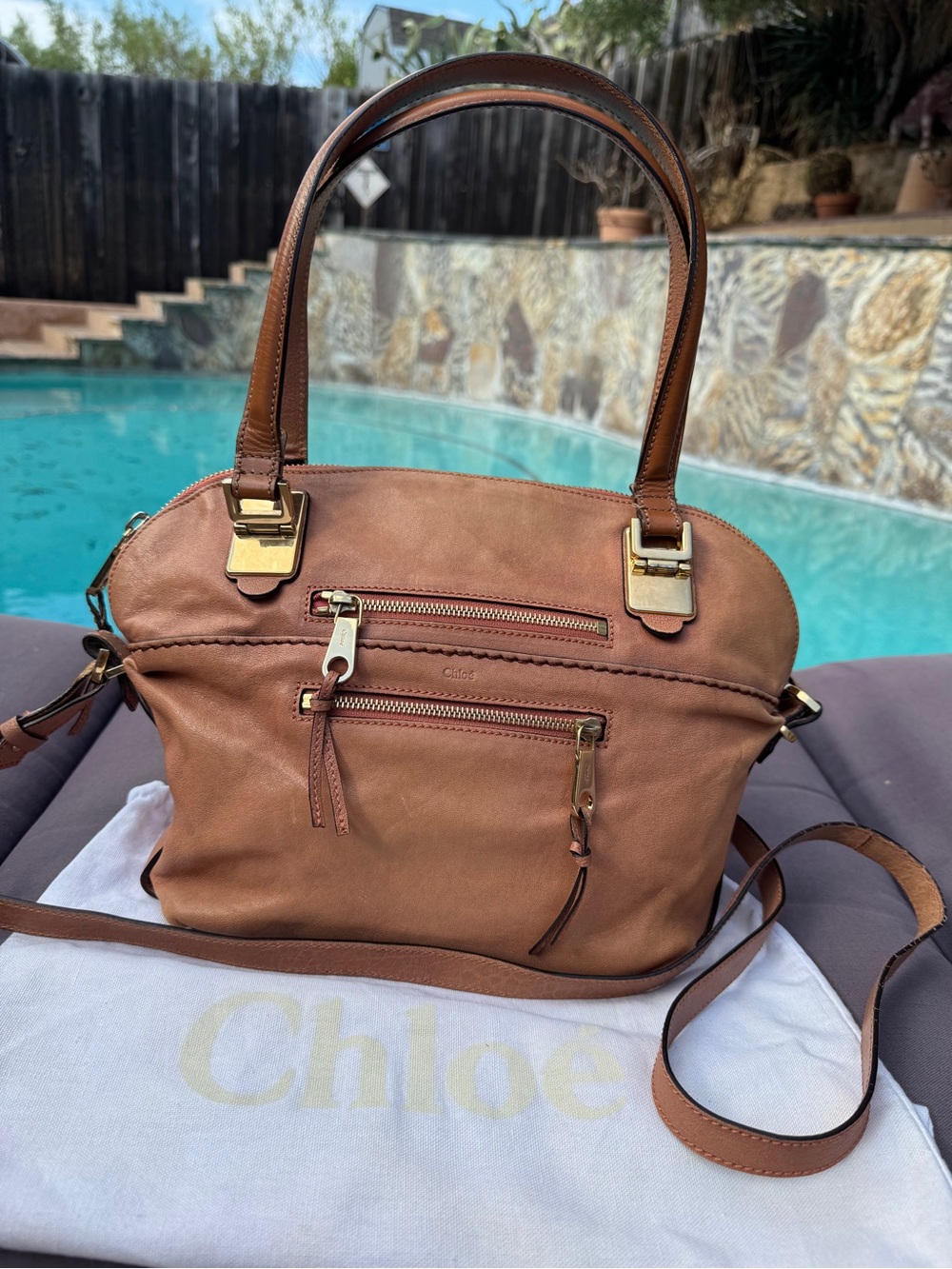 Chloé Angie Medium Nut Brown Leather 2-Way Satchel Shoulder Bag + Dust Bag GUC